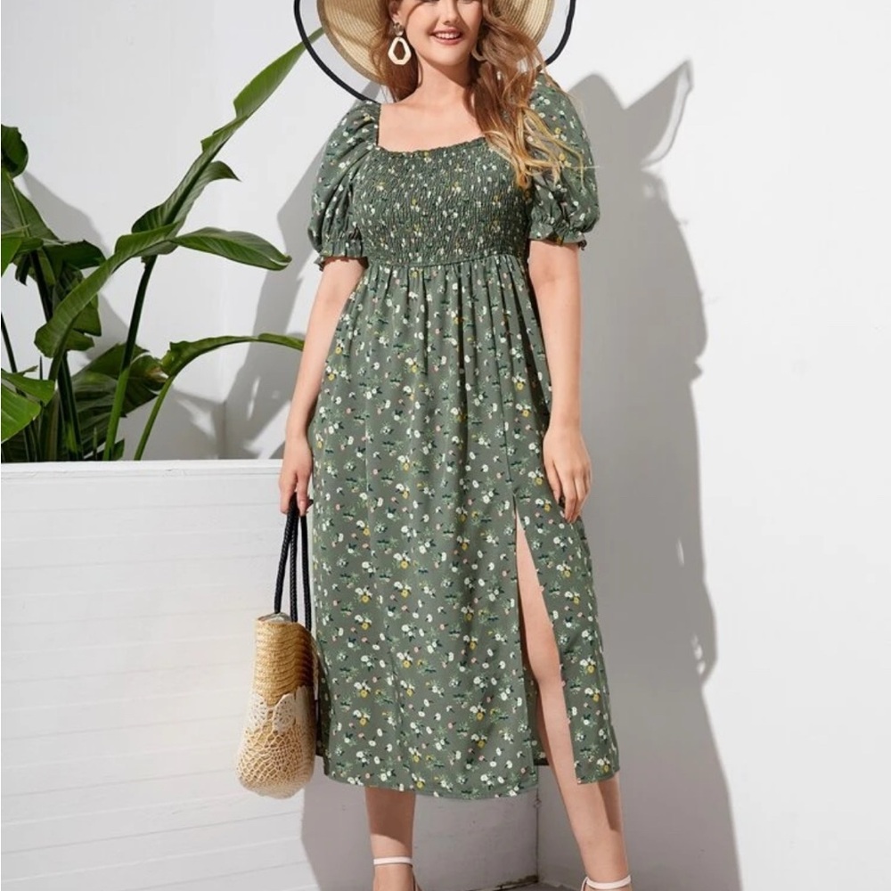 SHEIN Floral Green Maxi Dress Square Neck